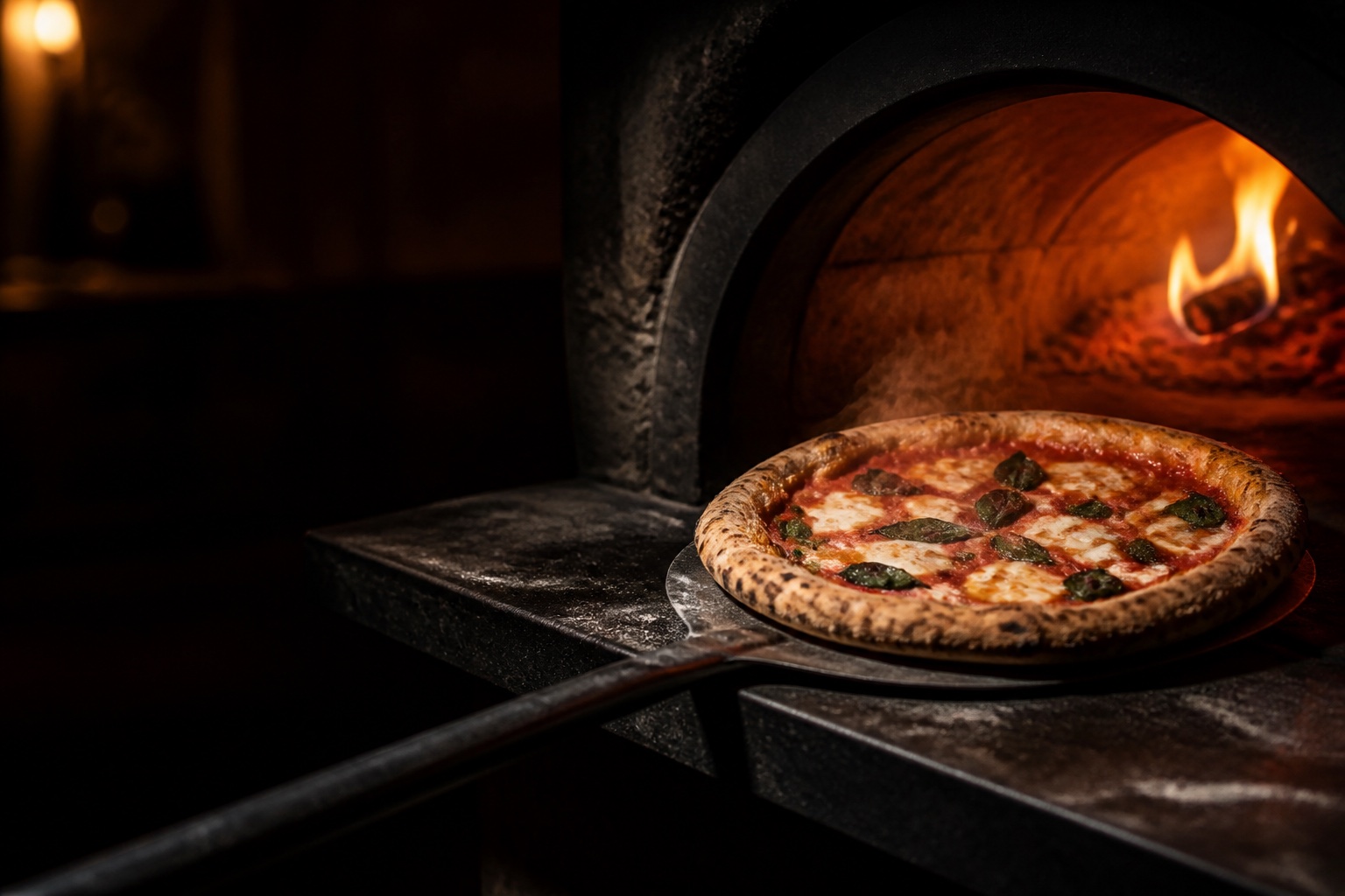 Frisch gebackene Pizza vor einem glühenden Steinofen
